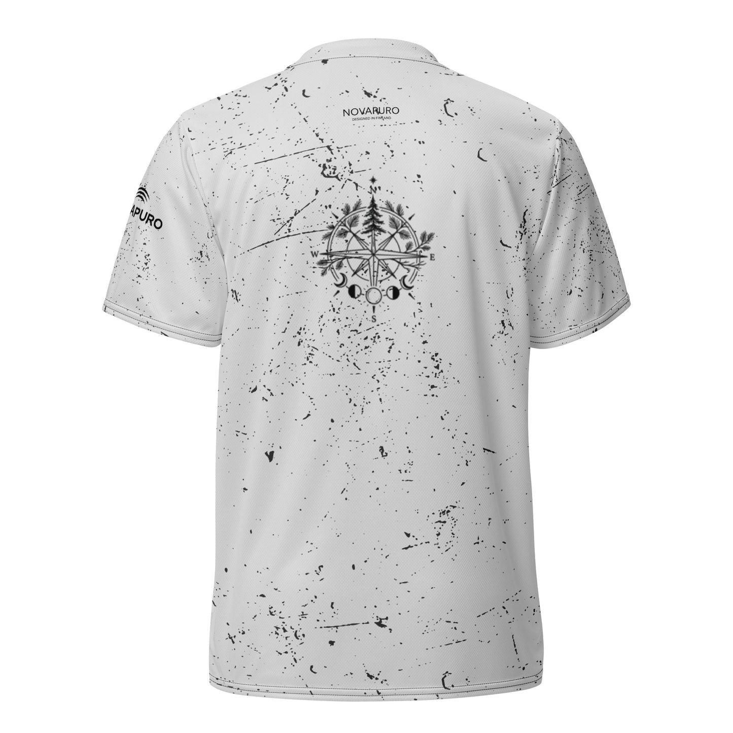 Flat lay back view of the recycled activewear jersey highlighting the Nordic pine tree compass graphic.