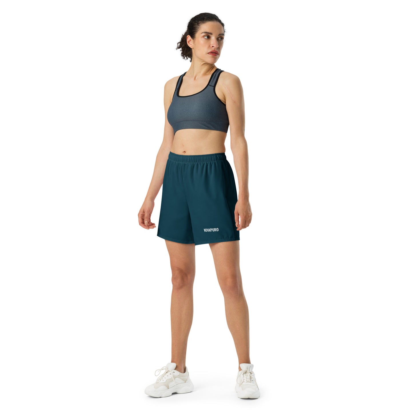 Dark blue Novapuro Signature recycled athletic shorts on a white background
