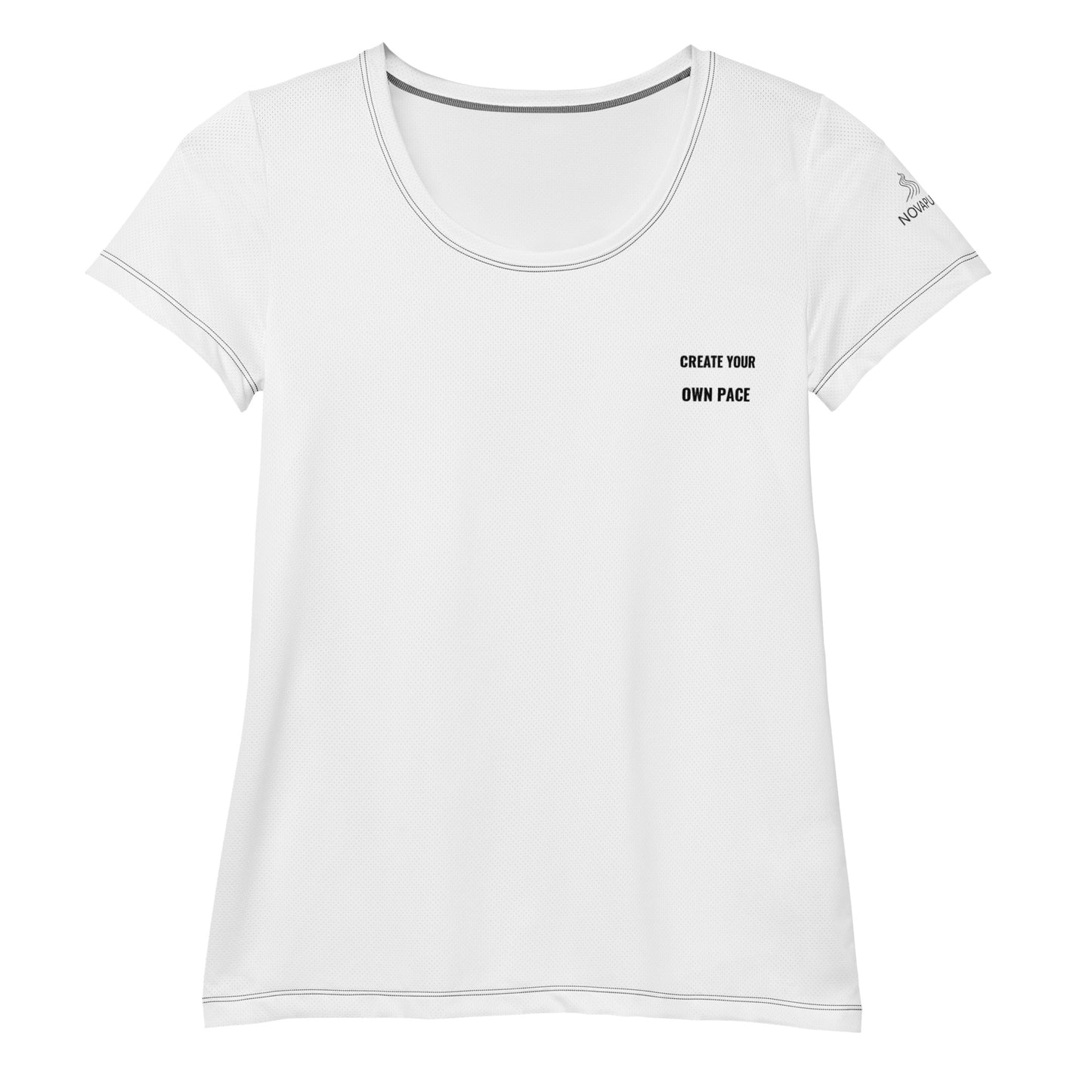 Woman wearing white Novapuro athletic t-shirt with Create Your Own Pace text, minimalist activewear design