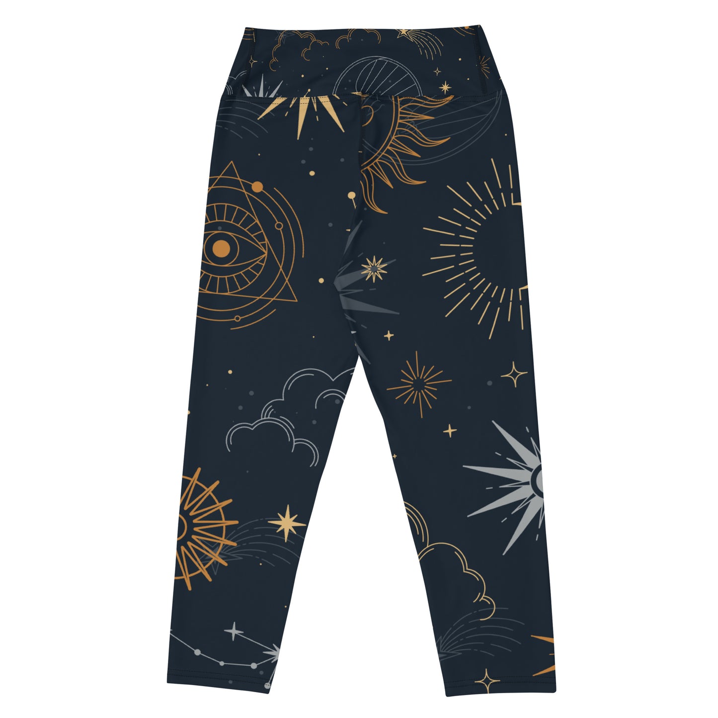 Close up of Nordic Moonrise premium cropped yoga pants with intricate lunar design