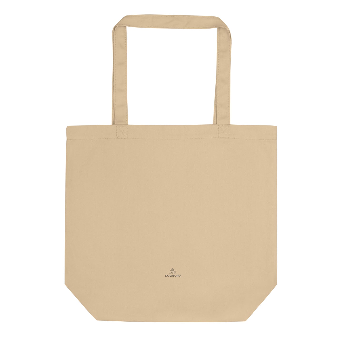 Back of the organic cotton Novapuro tote bag featuring a small minimalist logo