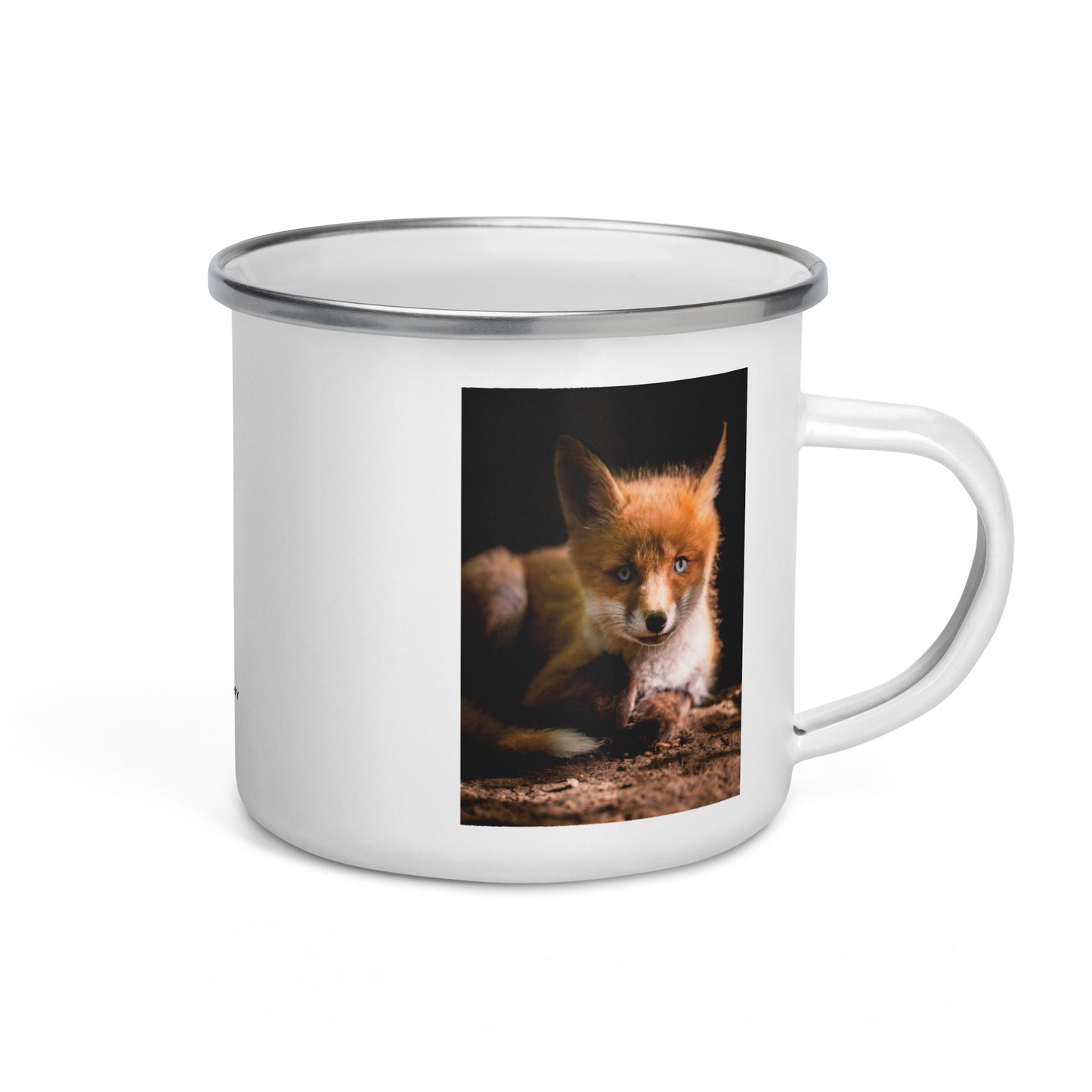 Niko Laurila x Novapuro white enamel camper mug featuring an original red fox wildlife photograph resting on a wooden board