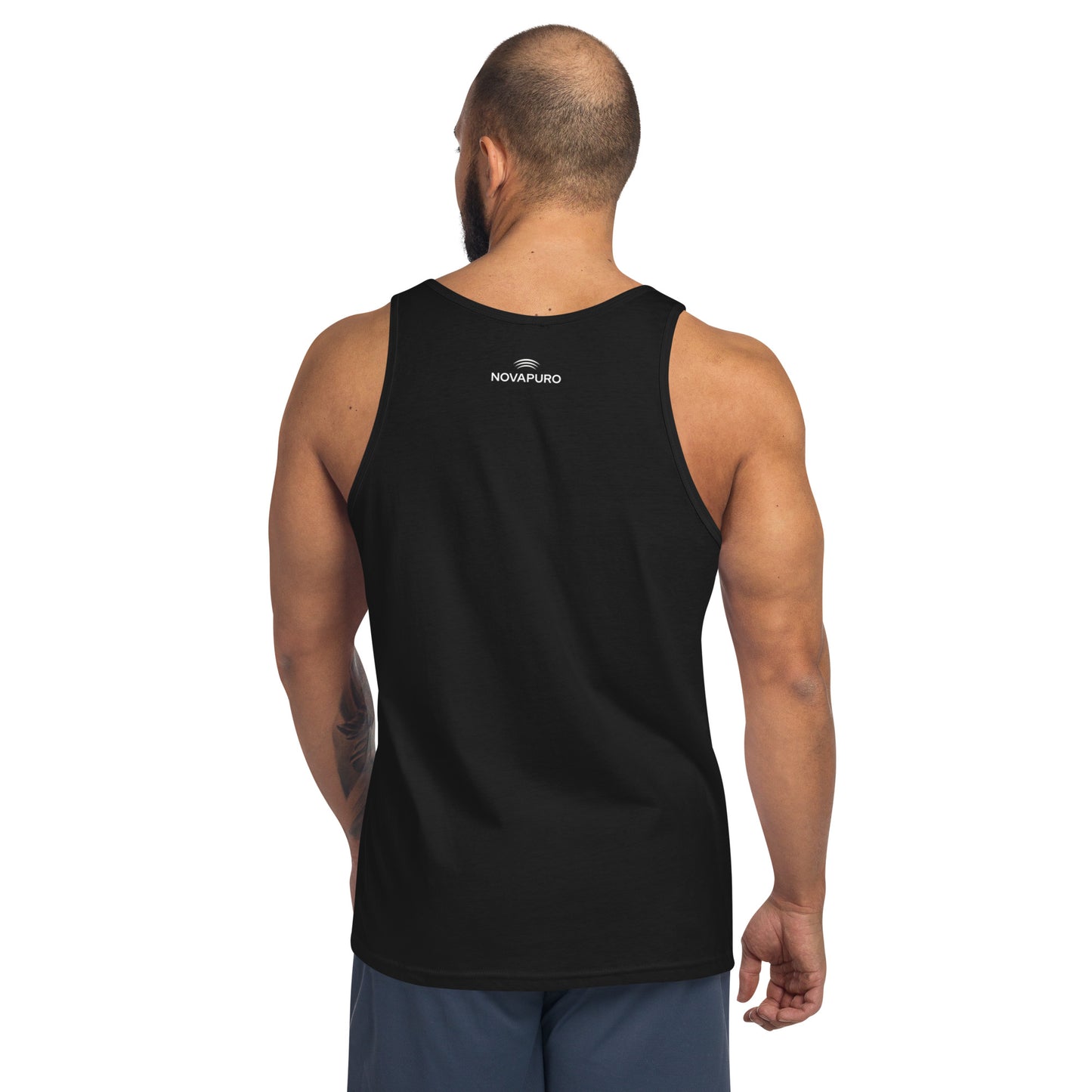 Male model showing the athletic fit of the black Novapuro Movement lightweight sleeveless workout shirt.