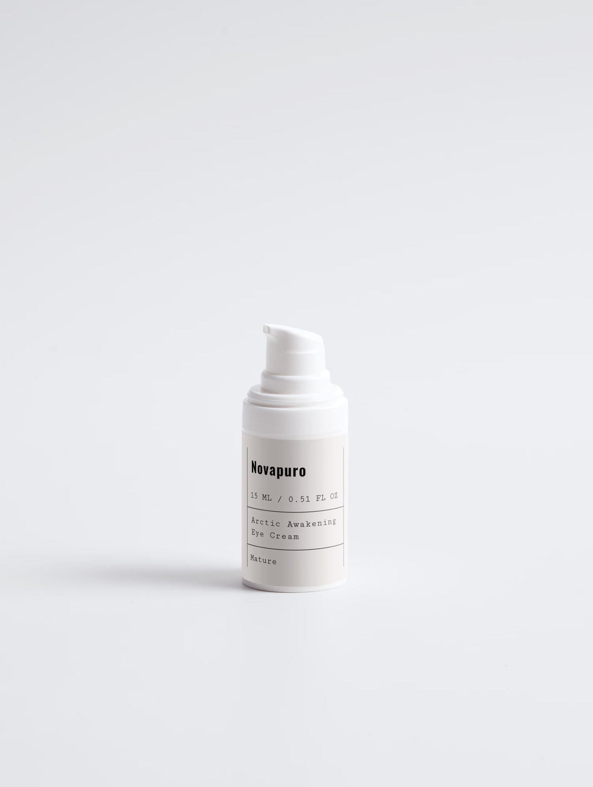 Close-up of the Novapuro eco-certified eye cream bottle, featuring natural ingredients and a clean Nordic design.