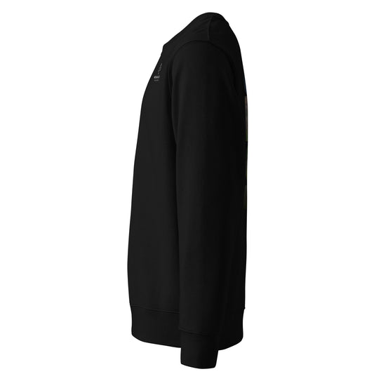 Side profile view of the black eco-friendly unisex sweatshirt. Crafted from premium 100% organic ring-spun combed cotton.