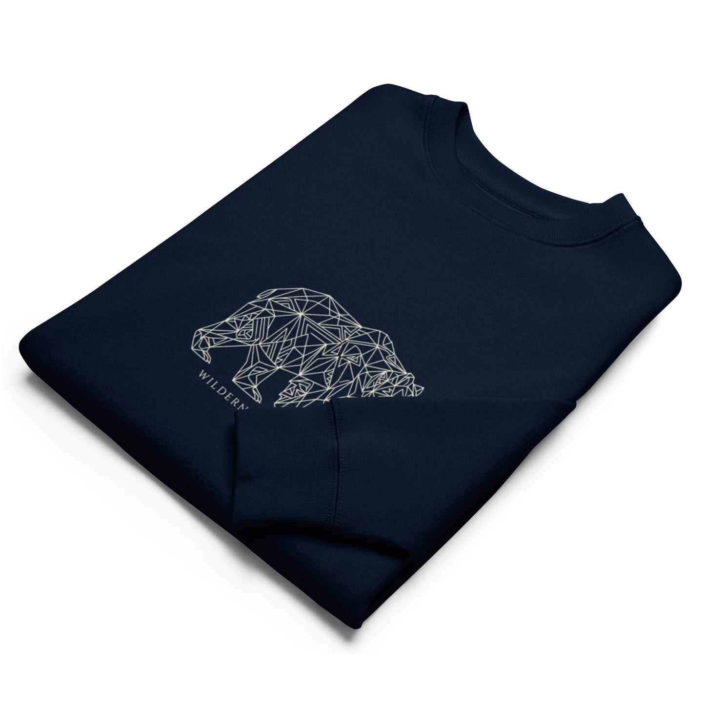 A dark navy premium eco-friendly sweatshirt featuring a minimalist white geometric line art illustration of a bear and the text Wilderness Heritage.