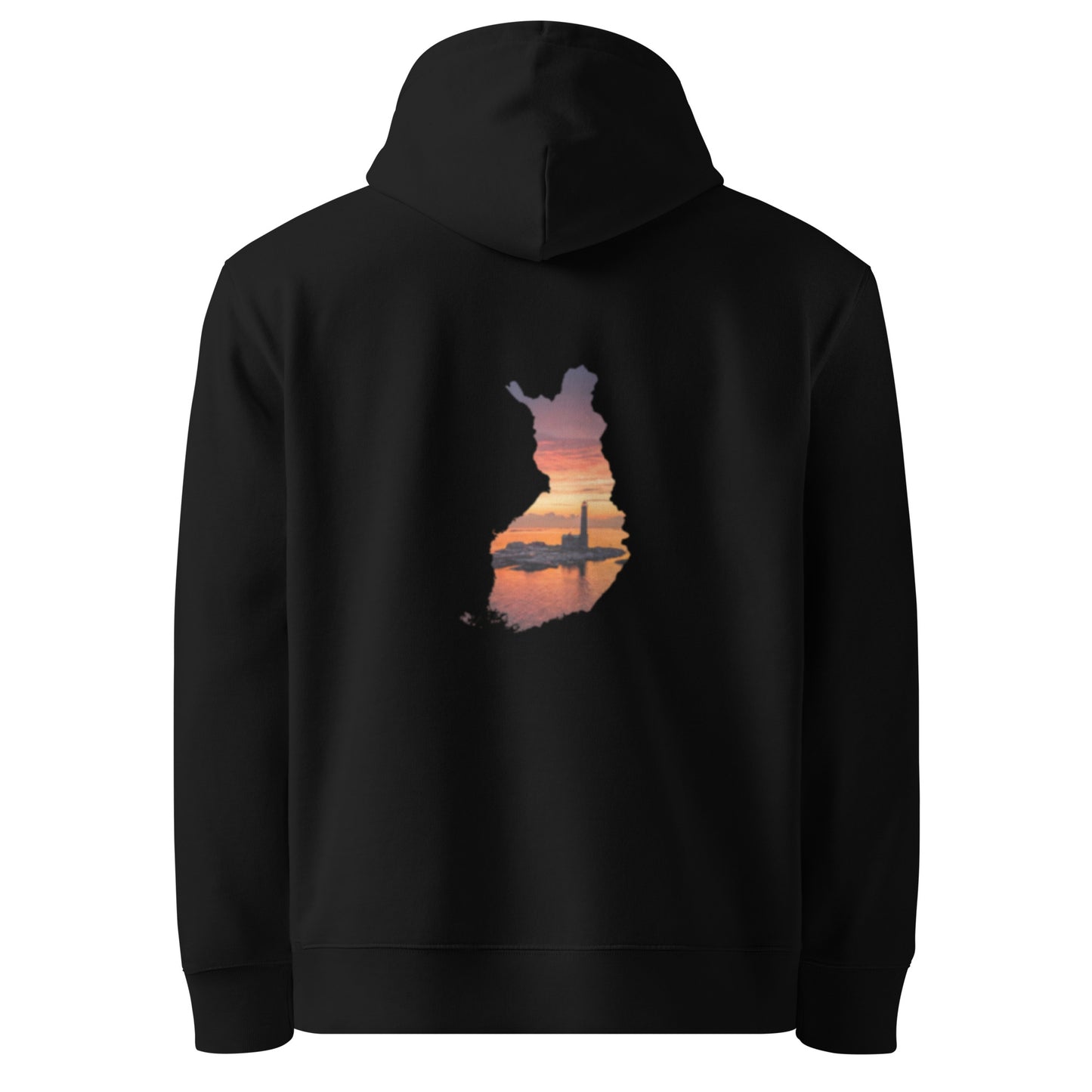 Back view of the premium eco hoodie featuring Niko Laurila's original lighthouse photography print