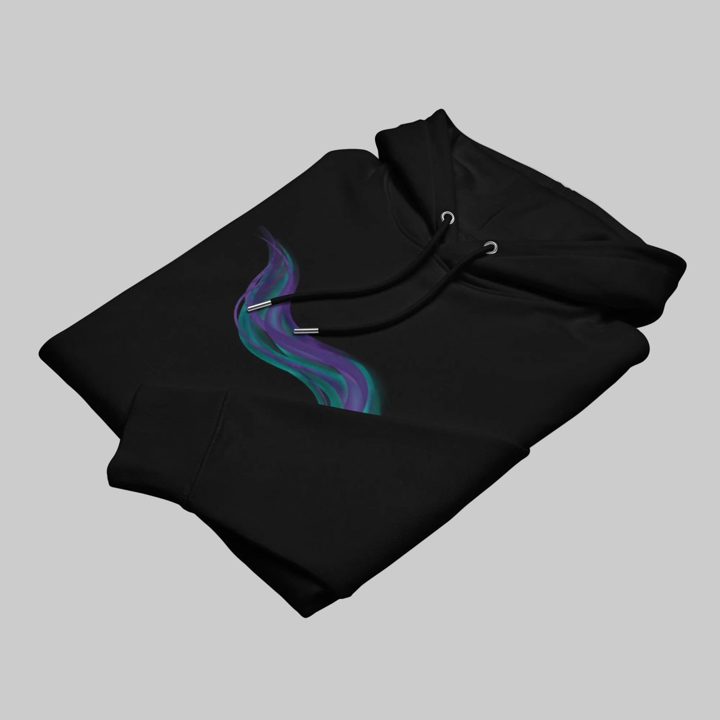 Angled view of the black premium eco hoodie by Novapuro highlighting the minimalist aurora wave print.