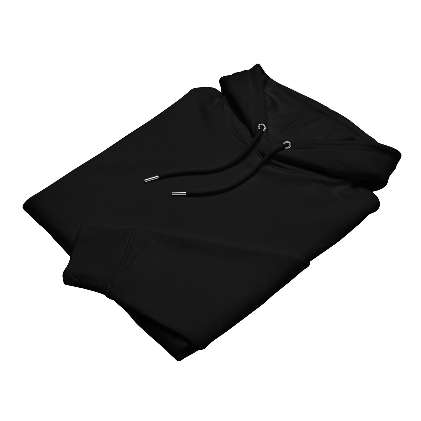 Folded black heavyweight organic cotton hoodie highlighting the premium fabric, double-layered hood, and ethical zero-waste manufacturing.