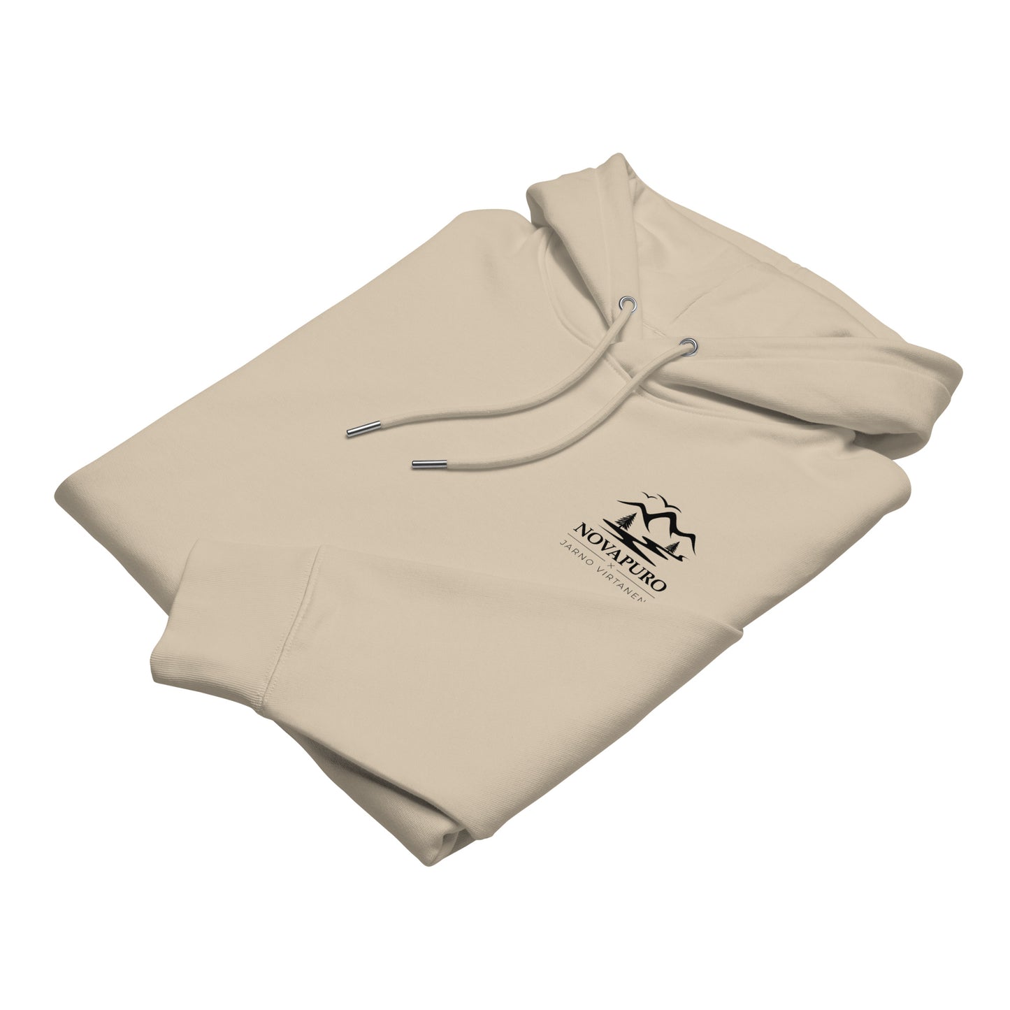 Close-up of the custom Novapuro x Jarno Virtanen inside neck label on a sustainable organic cotton hoodie