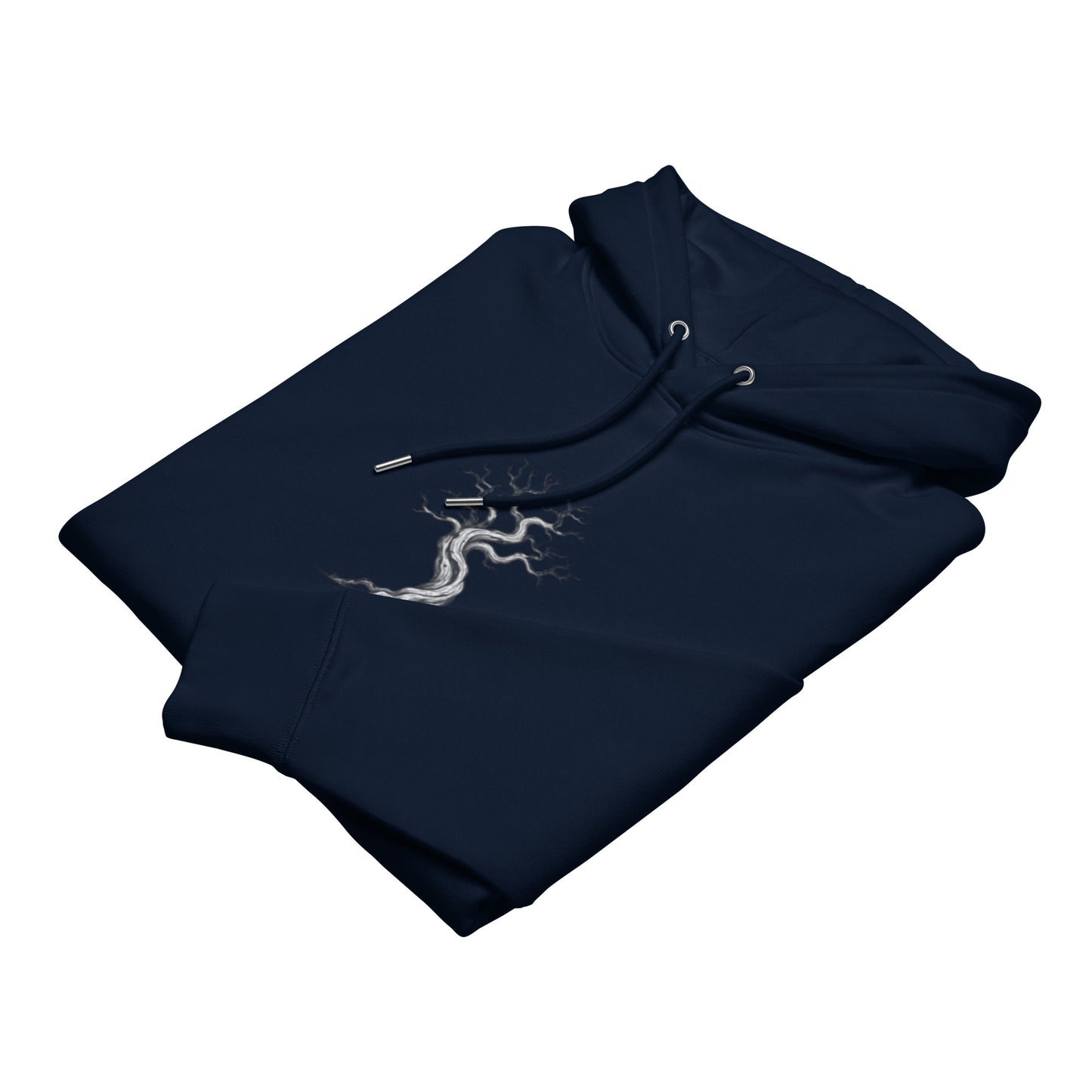 Folded heavyweight organic cotton hoodie showcasing clean Scandinavian nature-inspired apparel design.