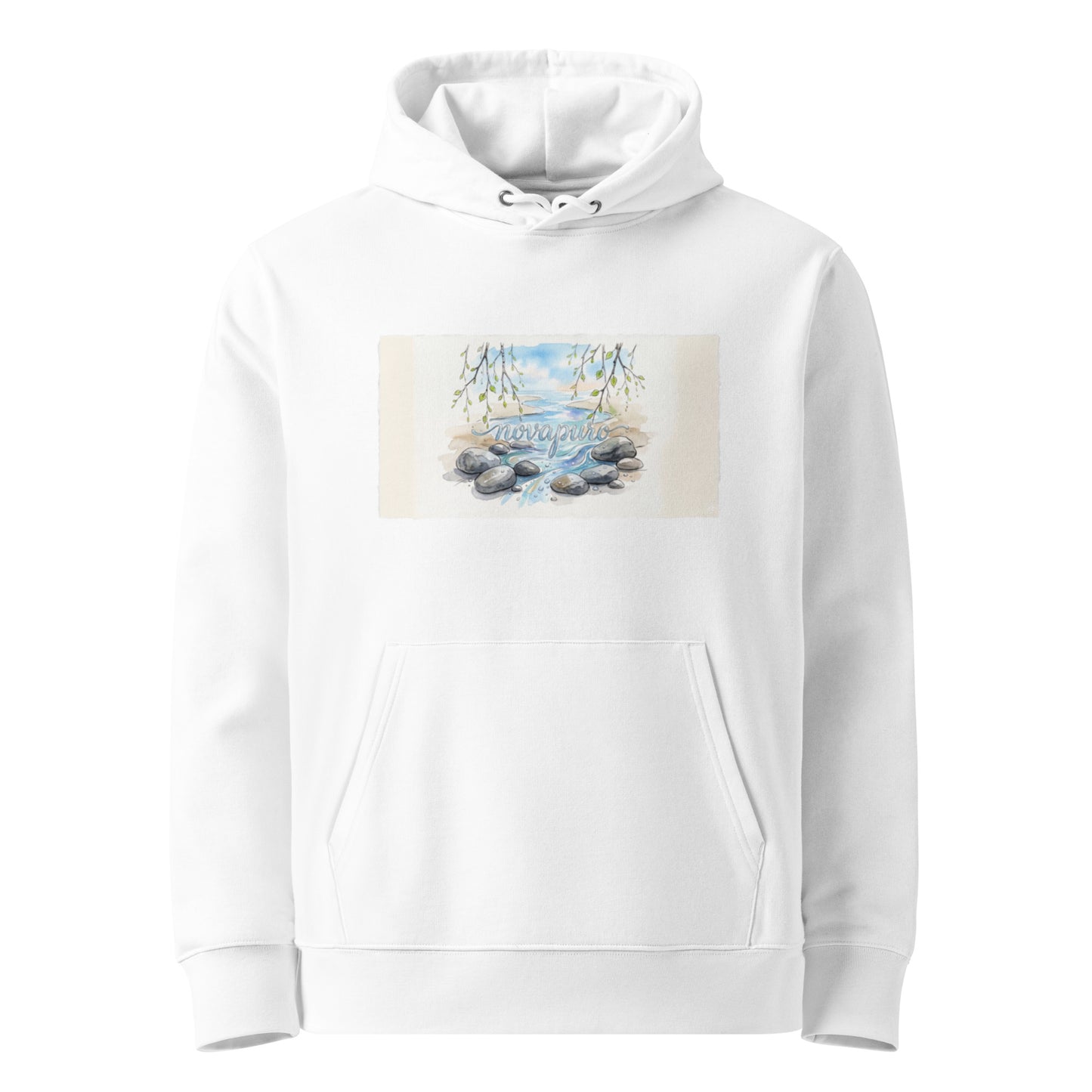 White unisex organic cotton hoodie featuring a serene watercolor illustration of a Nordic forest stream, smooth stones, and green birch leaves.