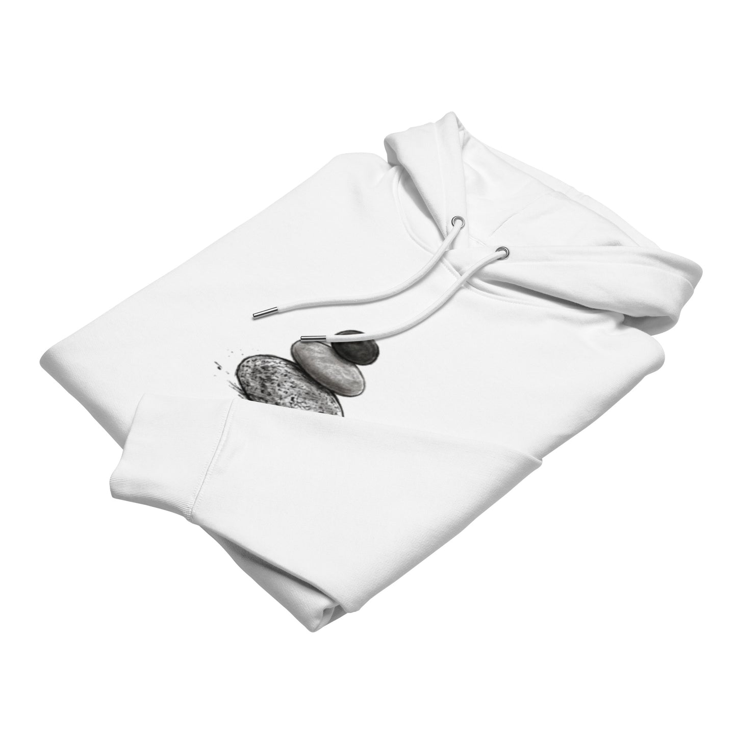 Angled view of the white premium eco hoodie by Novapuro highlighting the peaceful Baltic sea stones print.