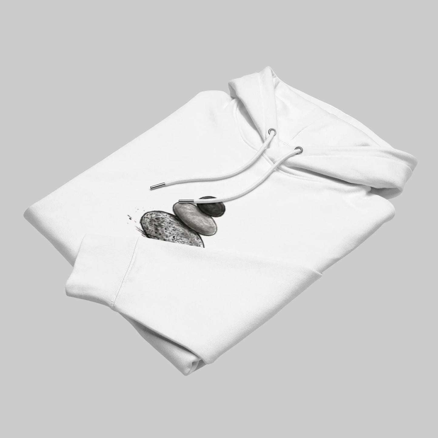 Angled view of the white premium eco hoodie by Novapuro highlighting the peaceful Baltic sea stones print.
