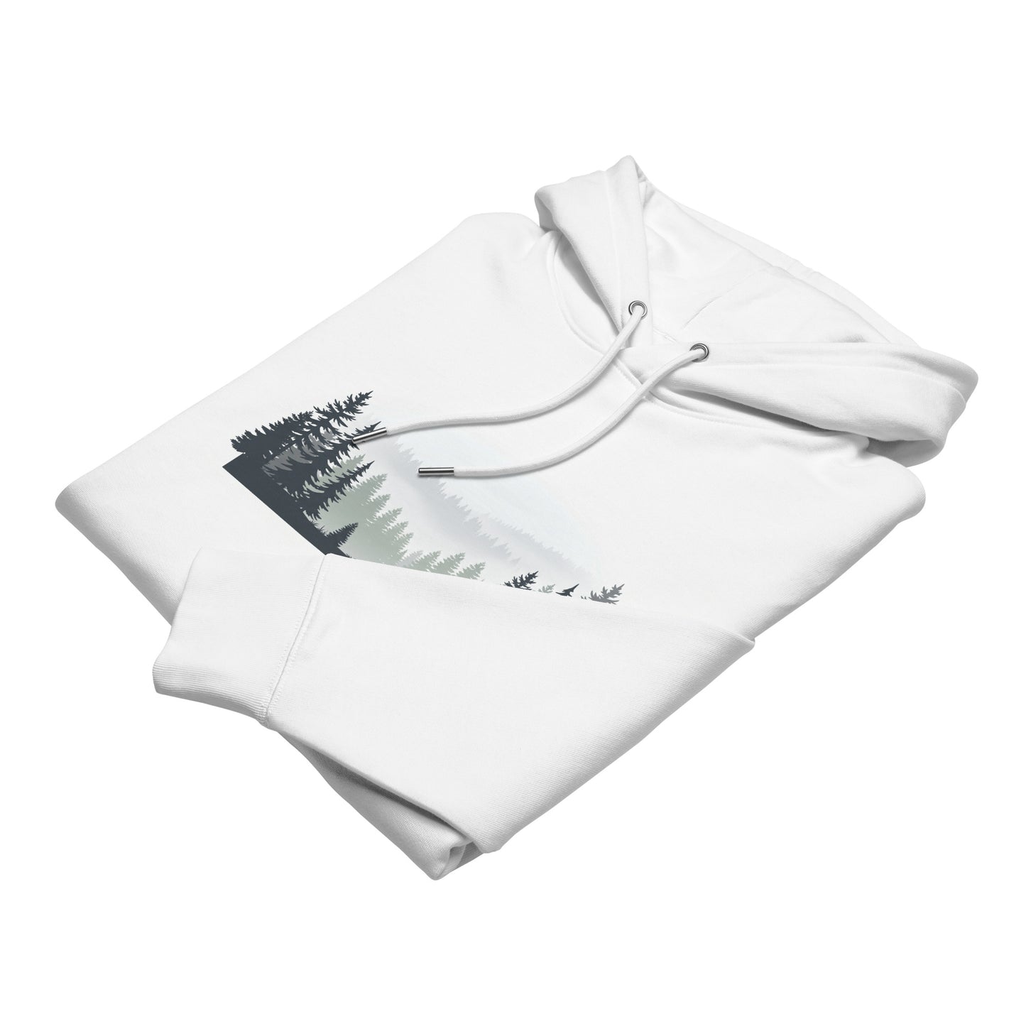 Folded white Novapuro Misty Pines eco-friendly hoodie highlighting the minimalist forest print and hood detail.