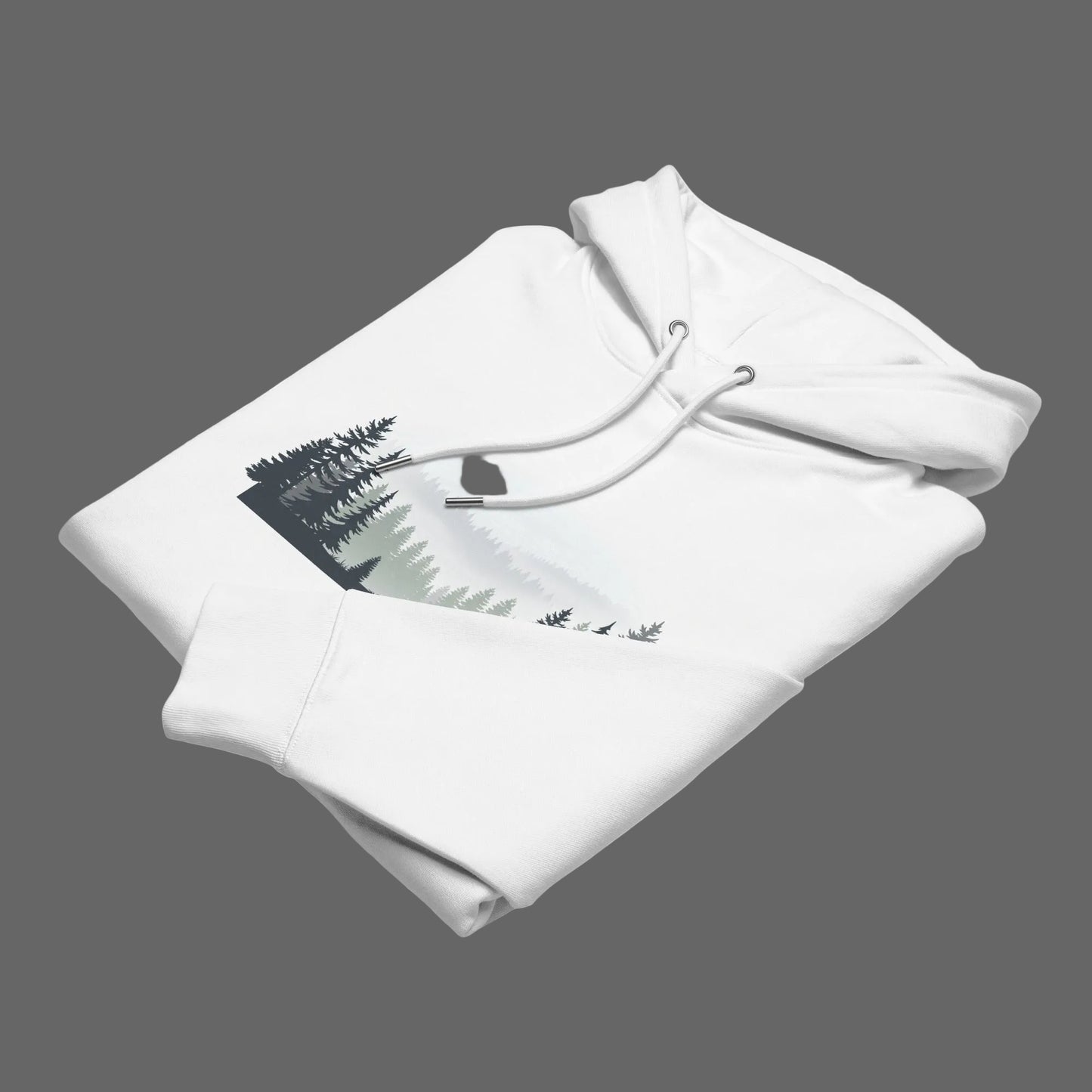 Folded white Novapuro Misty Pines eco-friendly hoodie highlighting the minimalist forest print and hood detail.