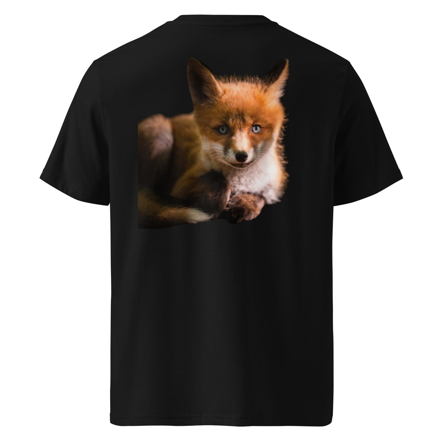 Back view featuring Niko Laurila's original red fox wildlife photography print on a premium eco tee