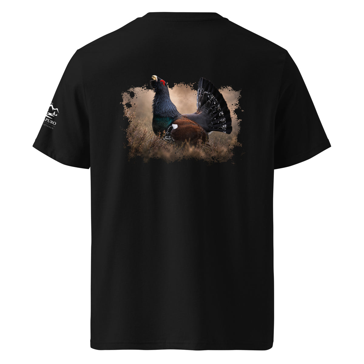 Back view of the black organic cotton t-shirt featuring an authentic Capercaillie wildlife photograph by Jarno Virtanen.