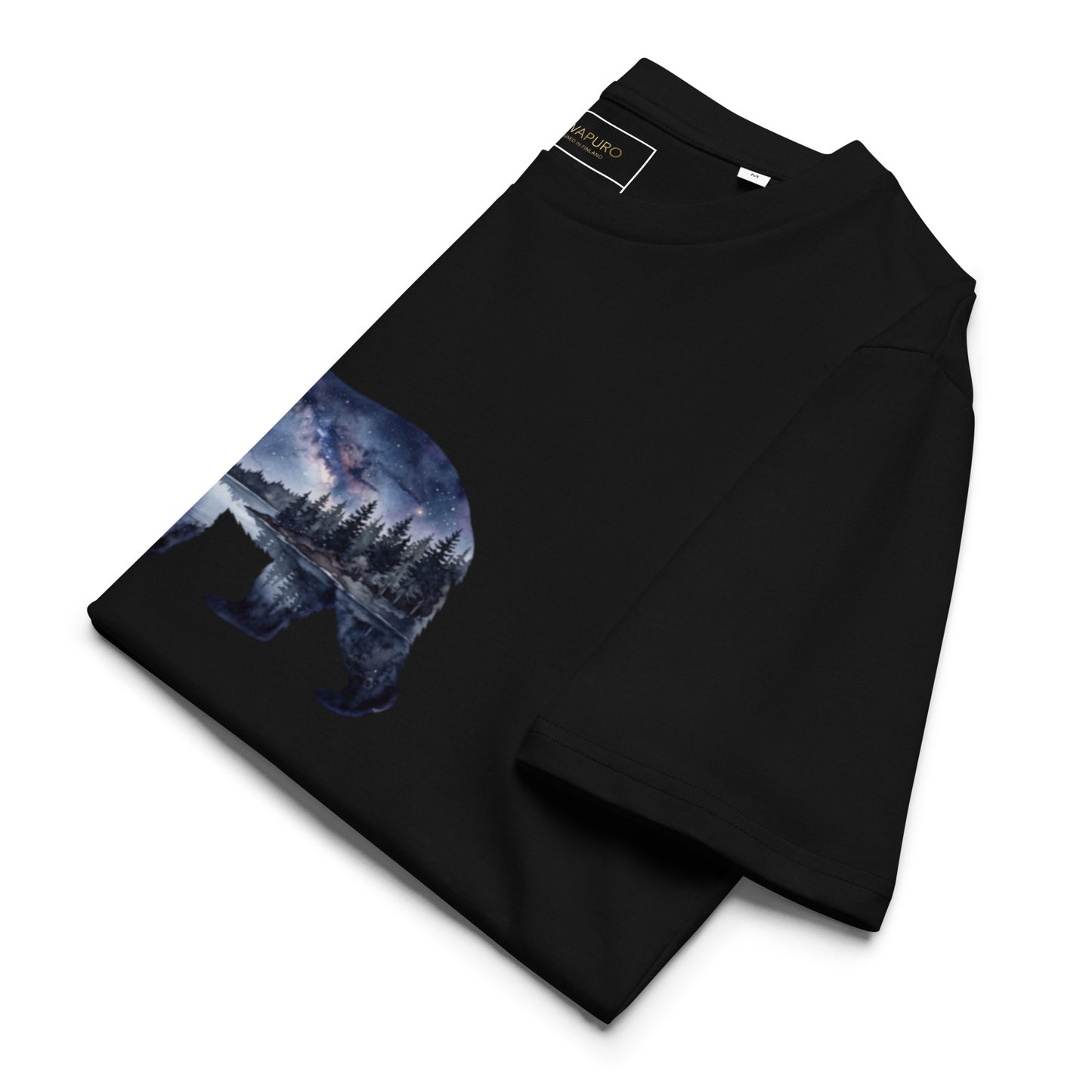 Folded black Novapuro Starlit Bear eco-friendly t-shirt highlighting the double exposure graphic.