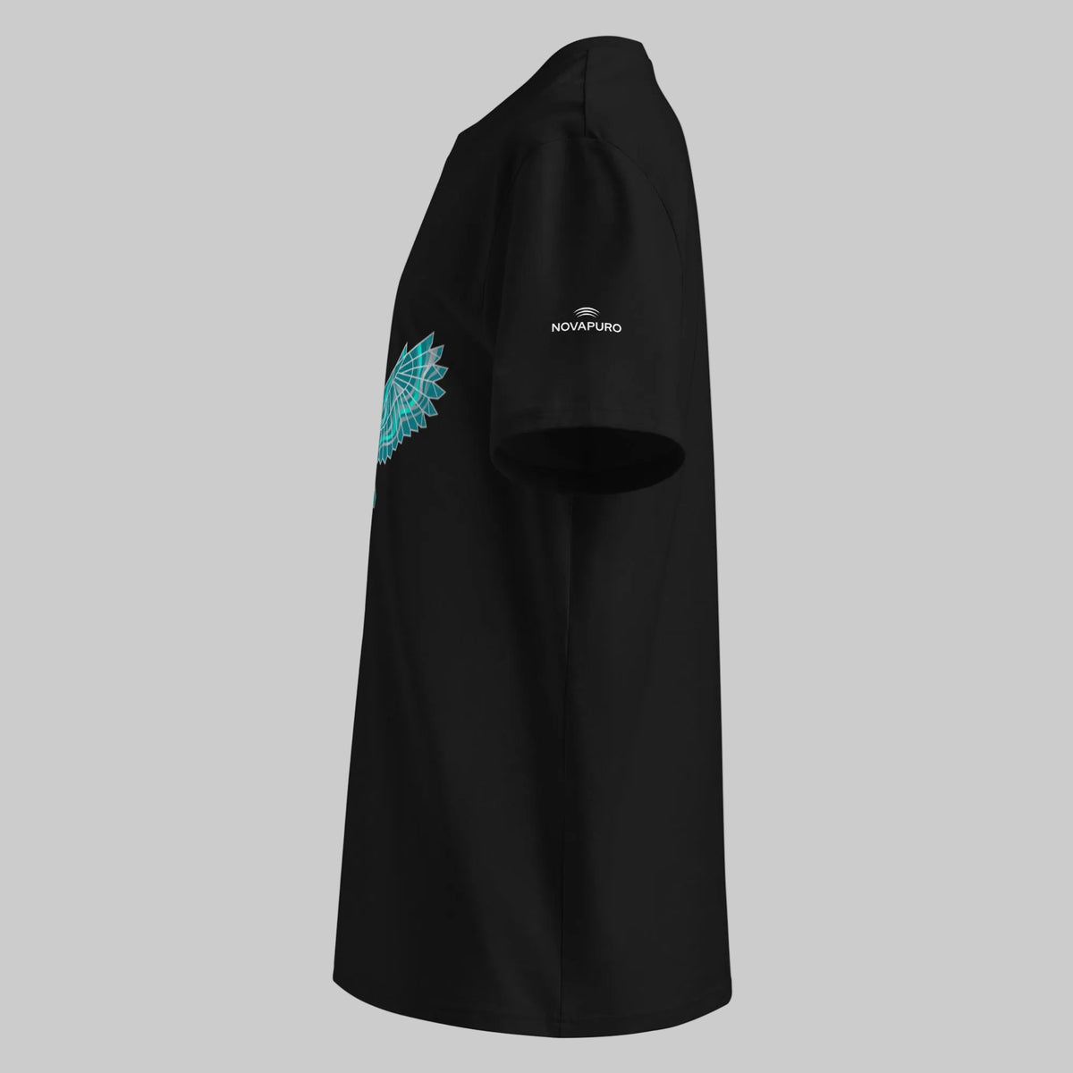 Side view of the eco-friendly Novapuro black t-shirt showing the comfortable medium fit and set-in sleeves.