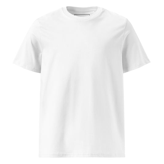 Front view of a premium white blank organic cotton unisex t-shirt by Novapuro.