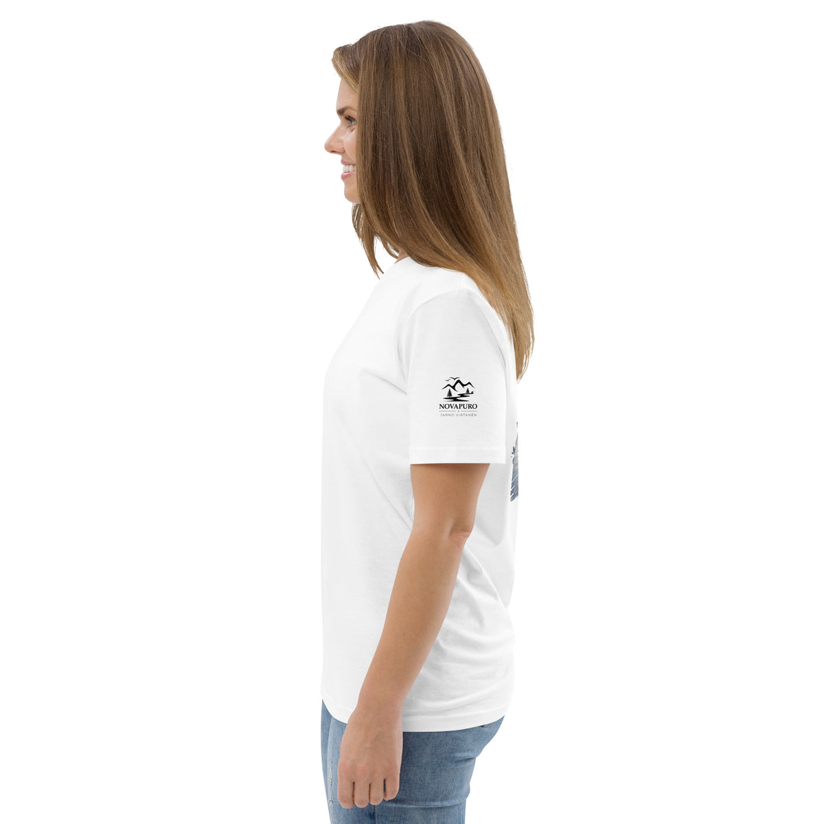Side view of a woman wearing the white organic cotton eco t-shirt showcasing the comfortable fit from the Novapuro x Jarno Virtanen collection.