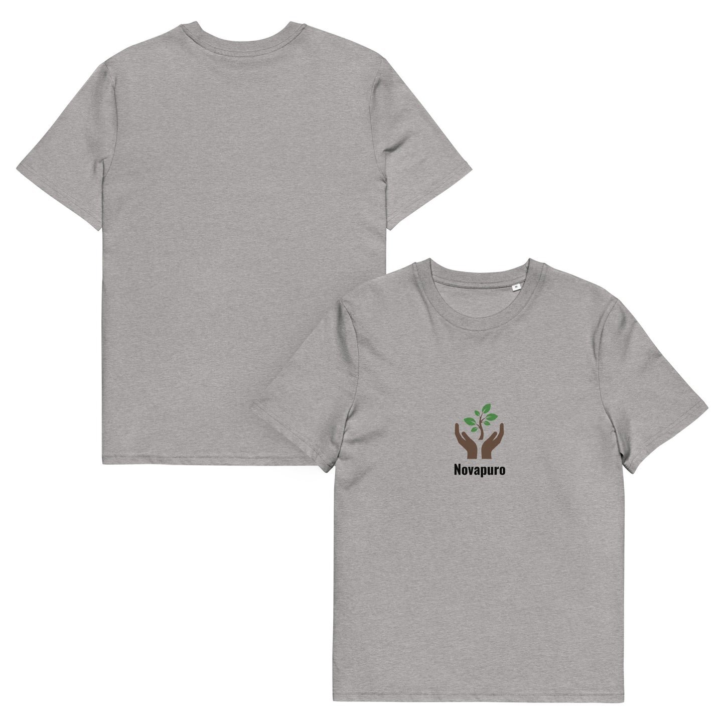 A minimalist Novapuro logo showing brown hands holding a green tree sapling on a sand-colored organic cotton t-shirt.