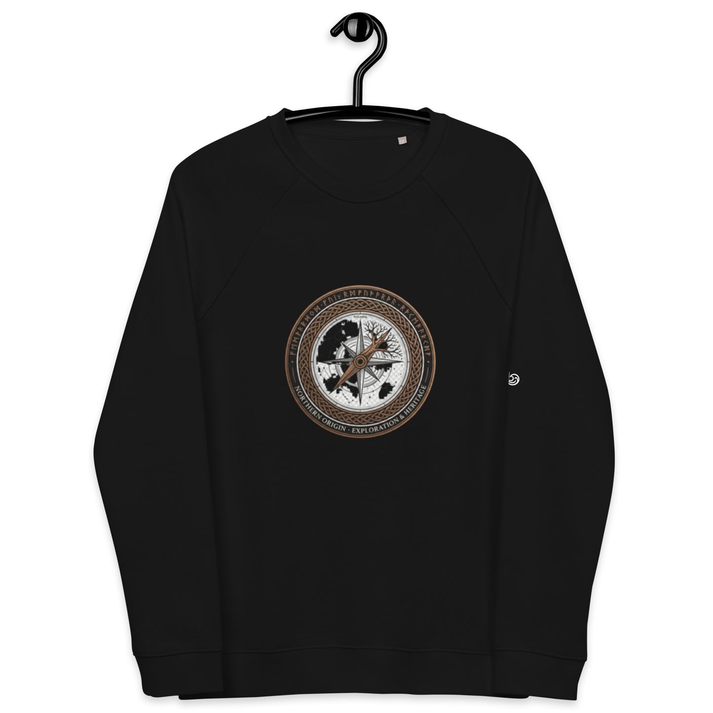 A model wearing a black unisex organic raglan sweatshirt featuring a vintage circular compass and Nordic tree emblem with the text Northern Origin.