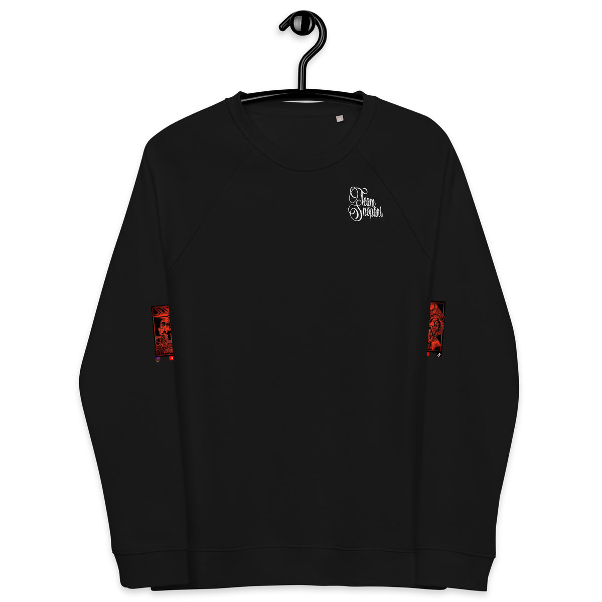 Black Team Snöpäri organic raglan sweatshirt from the front, showcasing a small red chest logo and comfortable raglan sleeves, eco-friendly apparel.