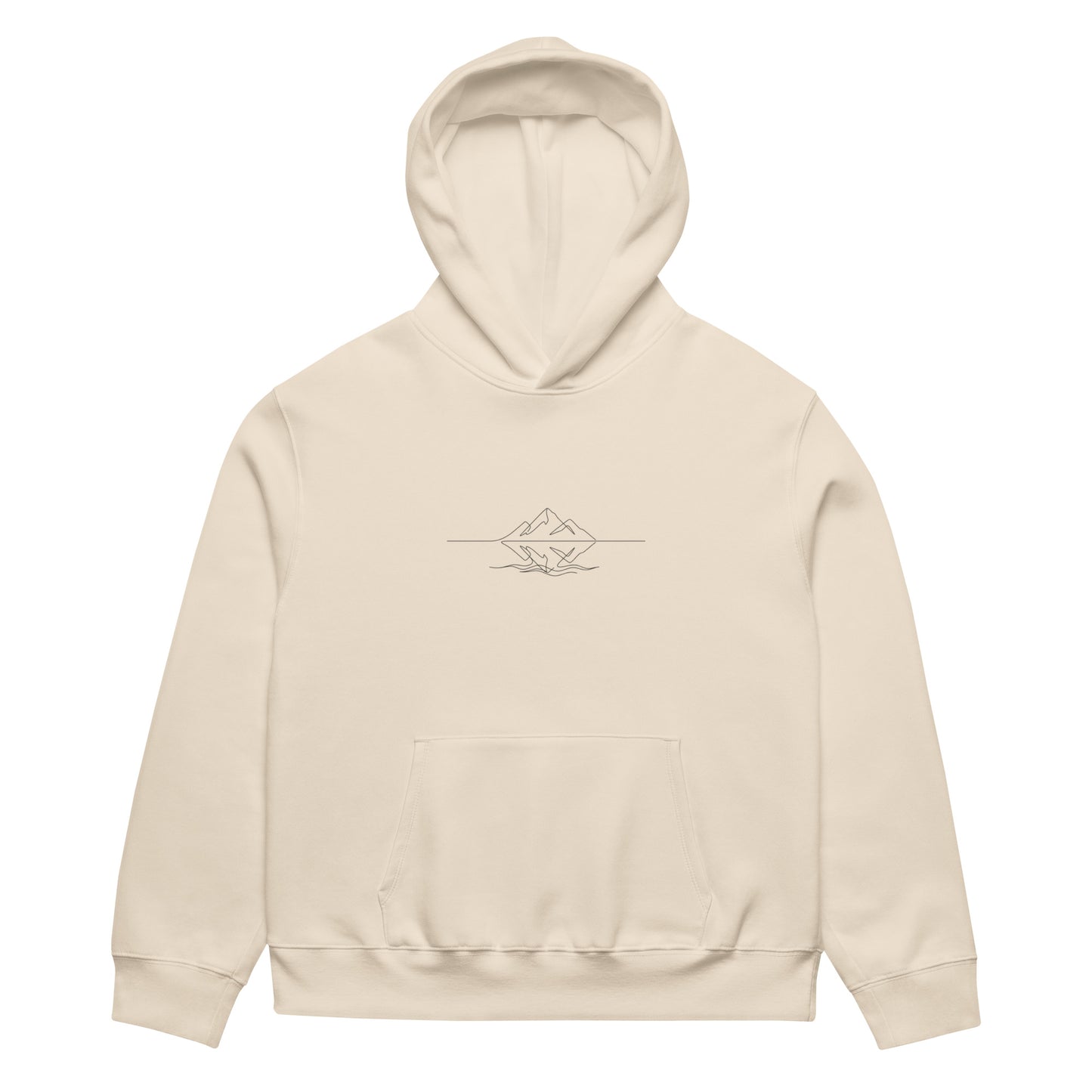Khaki brown oversized heavyweight hoodie featuring a minimalist black continuous line art of a mountain peak reflecting on a lake