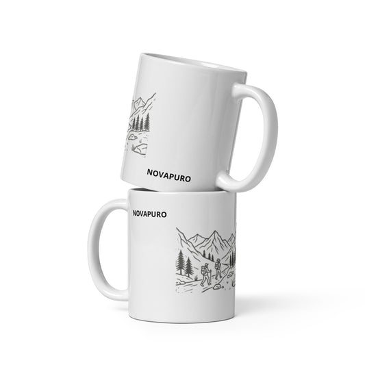 Novapuro Adventure Buddy ceramic coffee mug. Minimalist Nordic design featuring two hikers and mountain landscape. Perfect Valentine's Day gift for nature lovers and hiking friends. White glossy finish.