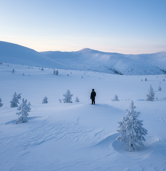 A peaceful snowy mountain landscape under a clear sky, capturing the essence of northern serenity.