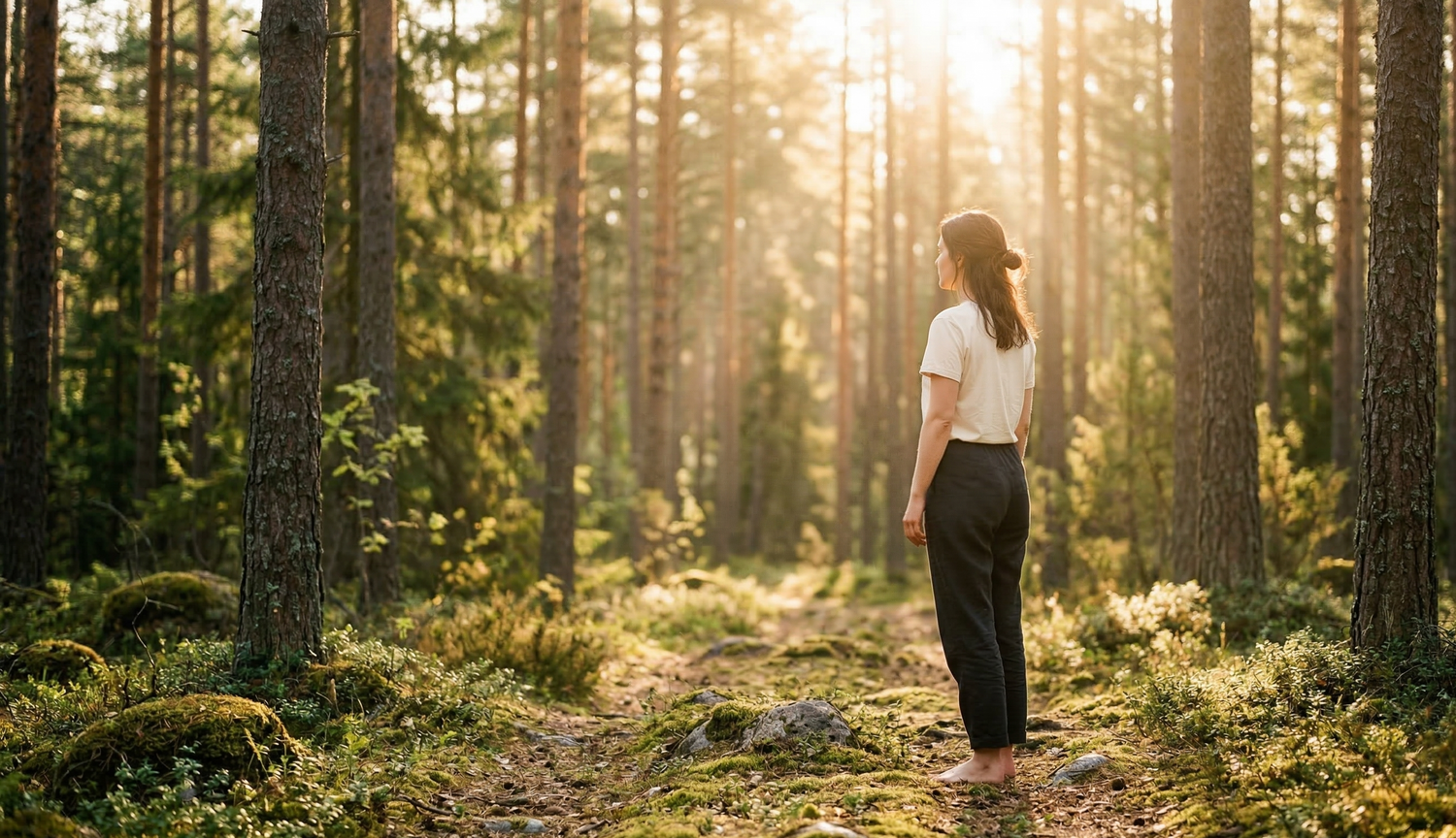 Pure organic cotton spring clothing in Nordic nature sunlight by Novapuro