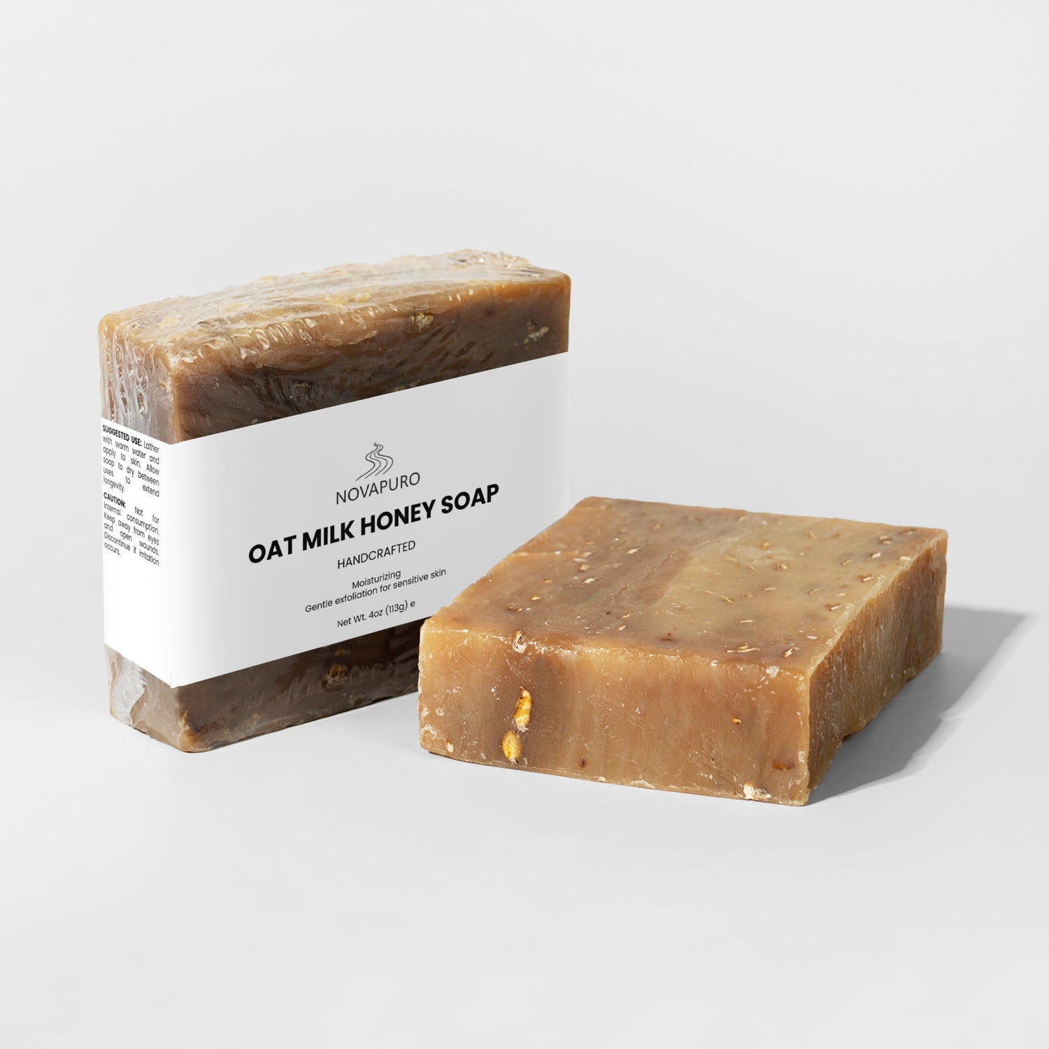 Handcrafted organic goat milk and honey soap by Novapuro for gentle skin exfoliation.