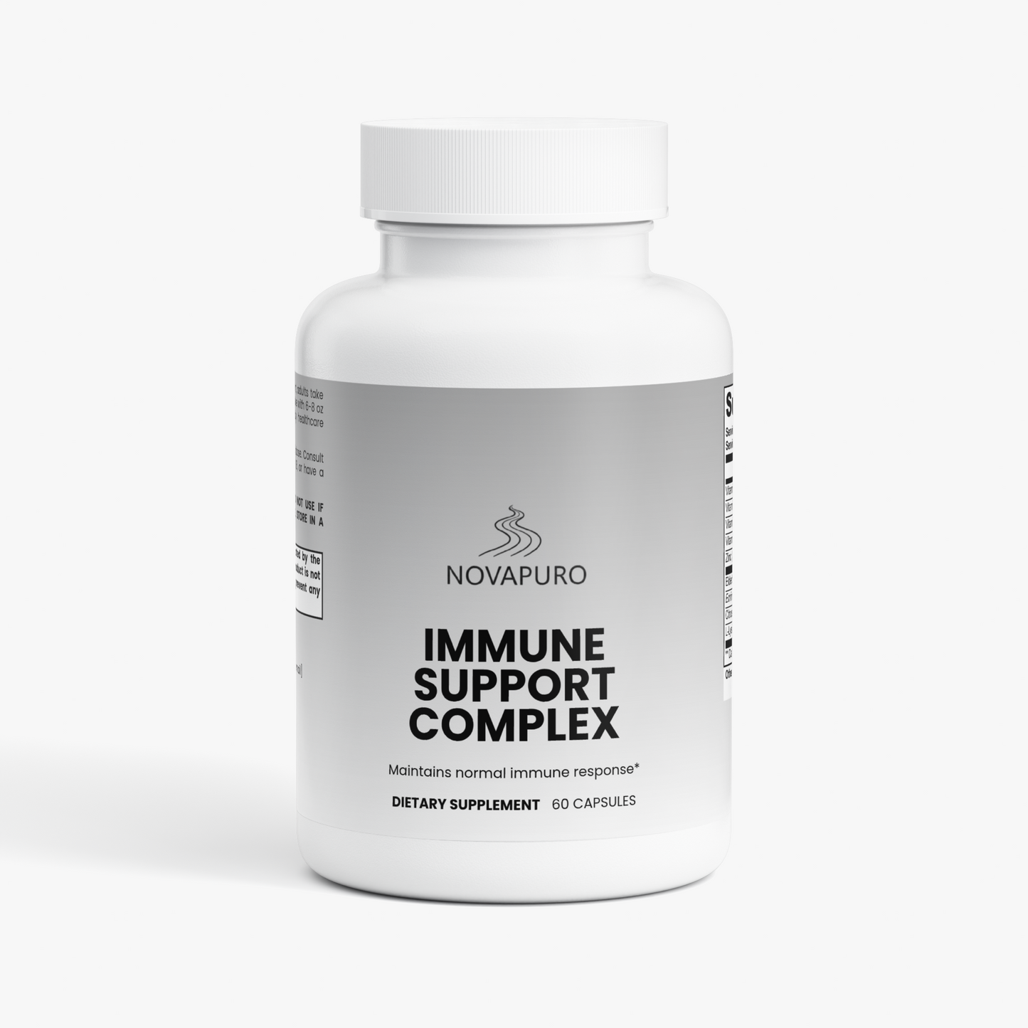 Novapuro Nordic Wilderness Immune Support Complex supplement bottle. Natural blend of elderberry, zinc, and vitamin C for daily defense.