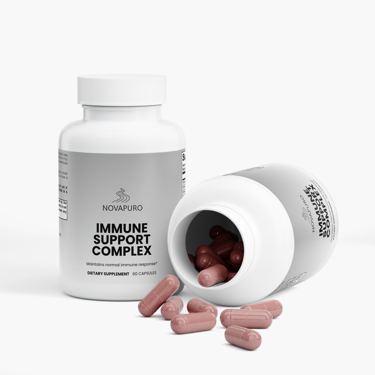 Clean minimalist packaging of Novapuro immune system support capsules featuring premium botanical extracts.