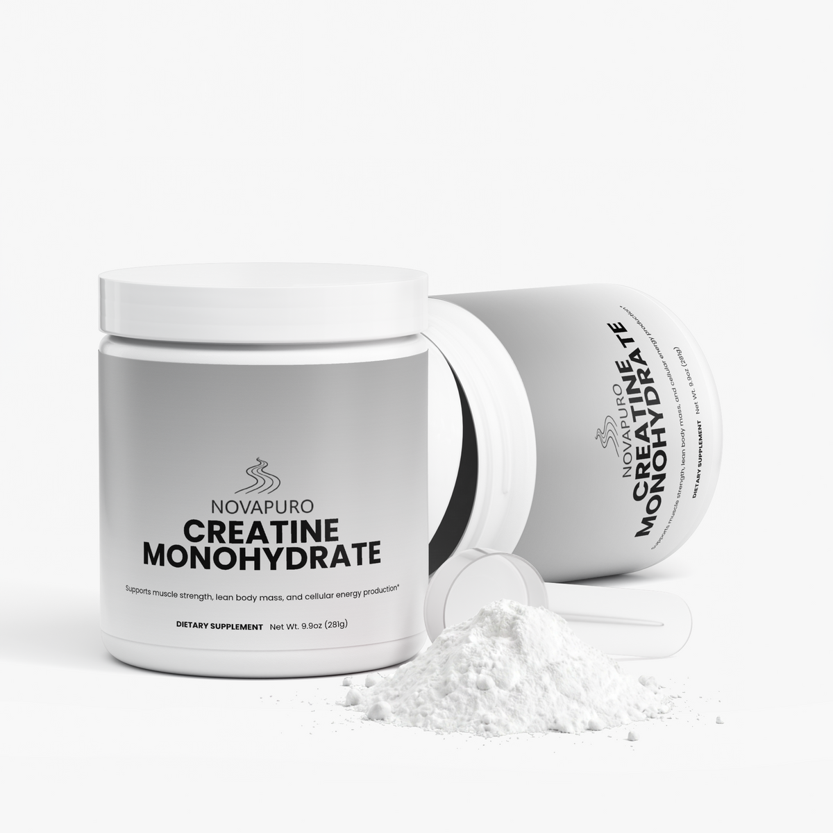 Clean, Nordic-inspired grey packaging of Novapuro pure creatine powder for muscle strength and energy.