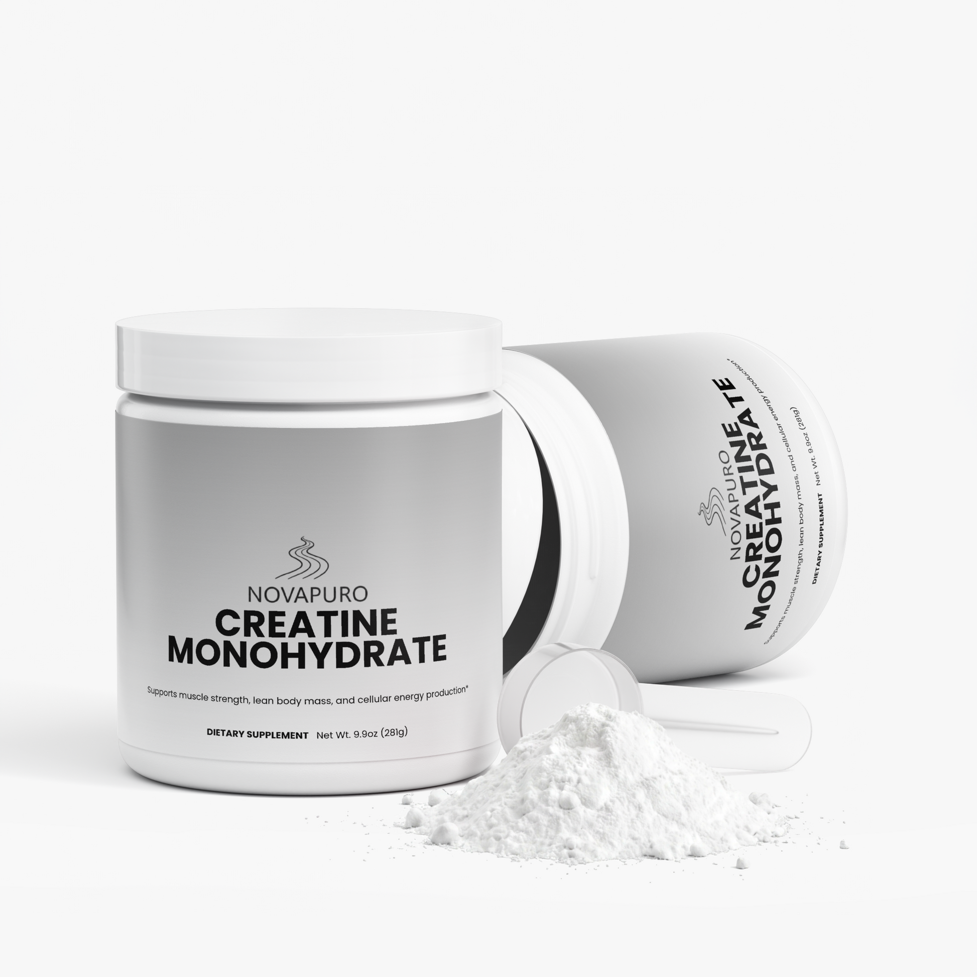 Clean, Nordic-inspired grey packaging of Novapuro pure creatine powder for muscle strength and energy.