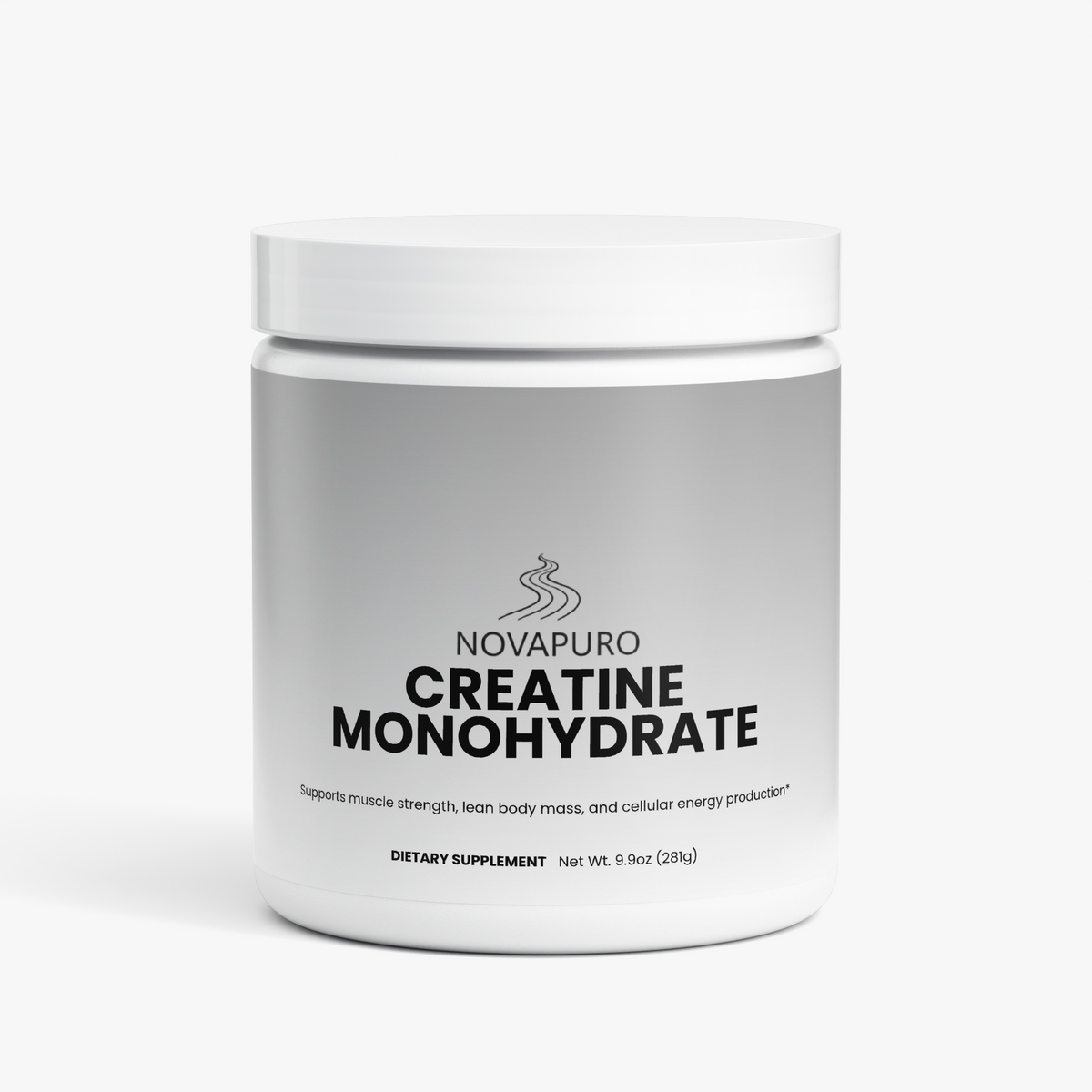 Novapuro Nordic Wilderness Creatine Monohydrate bottle featuring a premium grey and white gradient label. Pure unflavored performance powder.