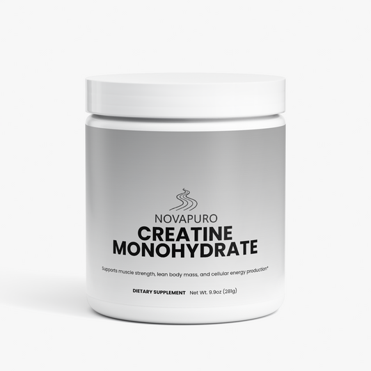 Novapuro Nordic Wilderness Creatine Monohydrate bottle featuring a premium grey and white gradient label. Pure unflavored performance powder.