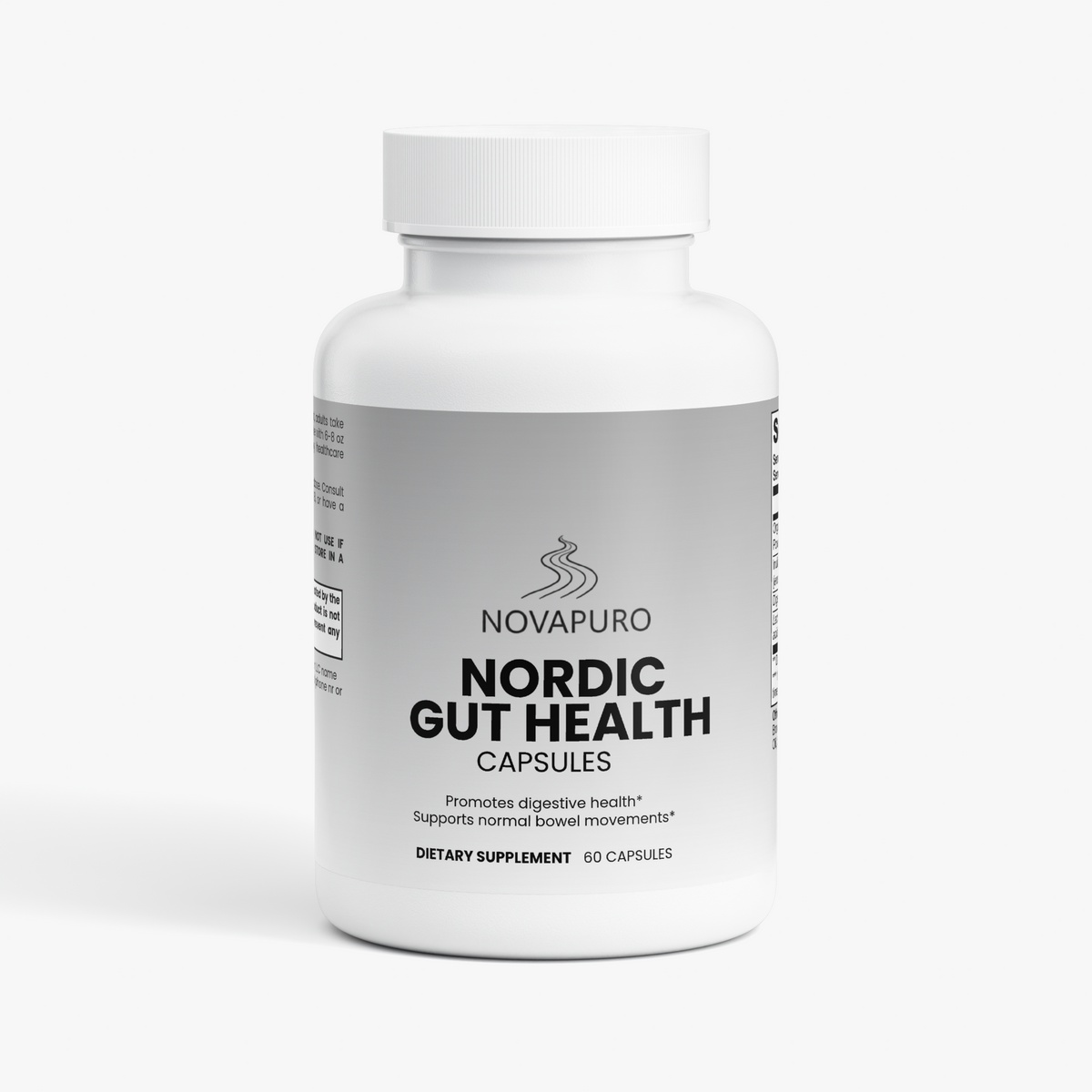 Novapuro Nordic Wilderness Gut Health supplement bottle featuring a premium grey and white label. Natural prebiotics and probiotics for digestive support.