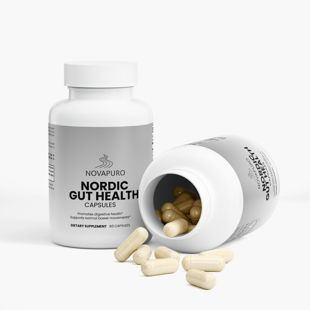 Clean, Nordic-inspired grey packaging of Novapuro Gut Health capsules featuring digestive enzymes and apple cider vinegar.