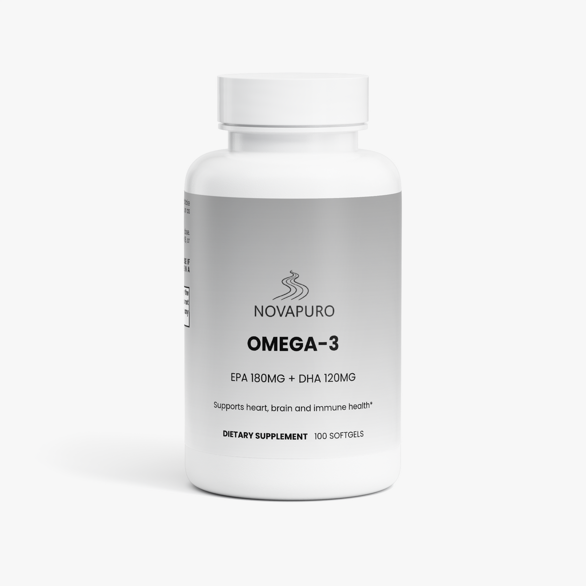 Novapuro Nordic Wilderness Omega-3 supplement bottle featuring a premium grey and white label. Ultra-purified fish oil softgels for heart and brain support.