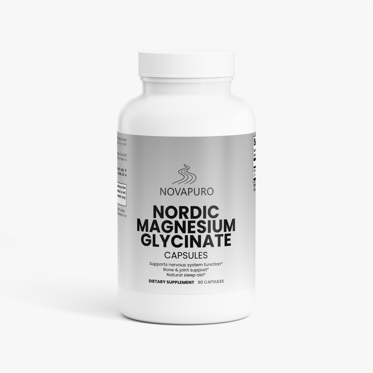 Novapuro Nordic Wilderness Magnesium Glycinate bottle with a premium grey and white label. Highly bioavailable magnesium for muscle recovery and deep sleep.