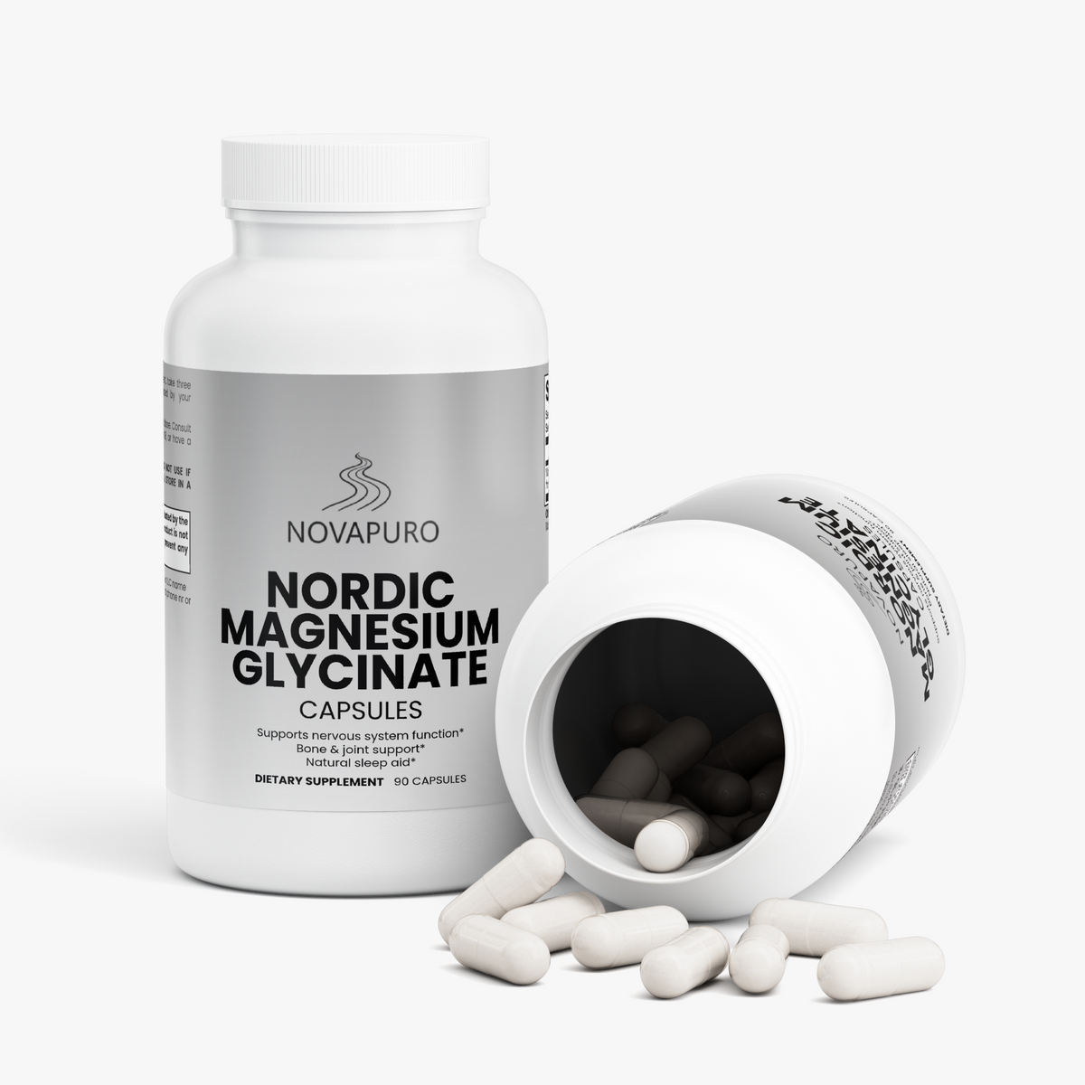 Clean, Nordic-inspired grey packaging of Novapuro magnesium bisglycinate capsules for body and mind restoration.