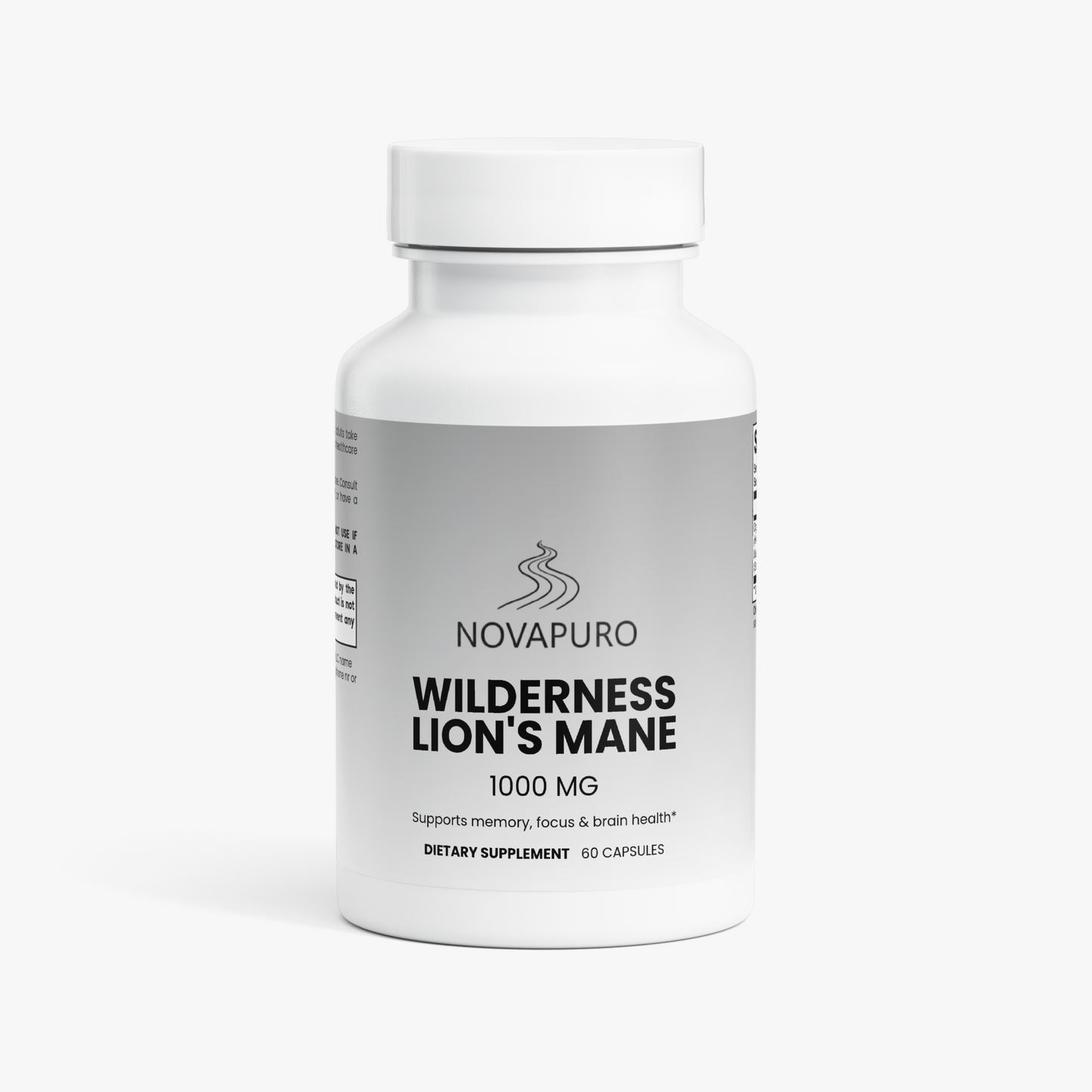Novapuro Nordic Wilderness Lion's Mane supplement bottle featuring a premium grey and white label. Organic functional mushroom extract for cognitive support and focus.