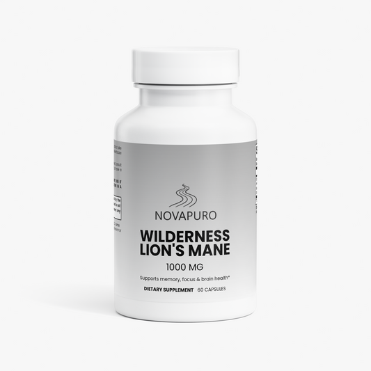 Novapuro Nordic Wilderness Lion's Mane supplement bottle featuring a premium grey and white label. Organic functional mushroom extract for cognitive support and focus.