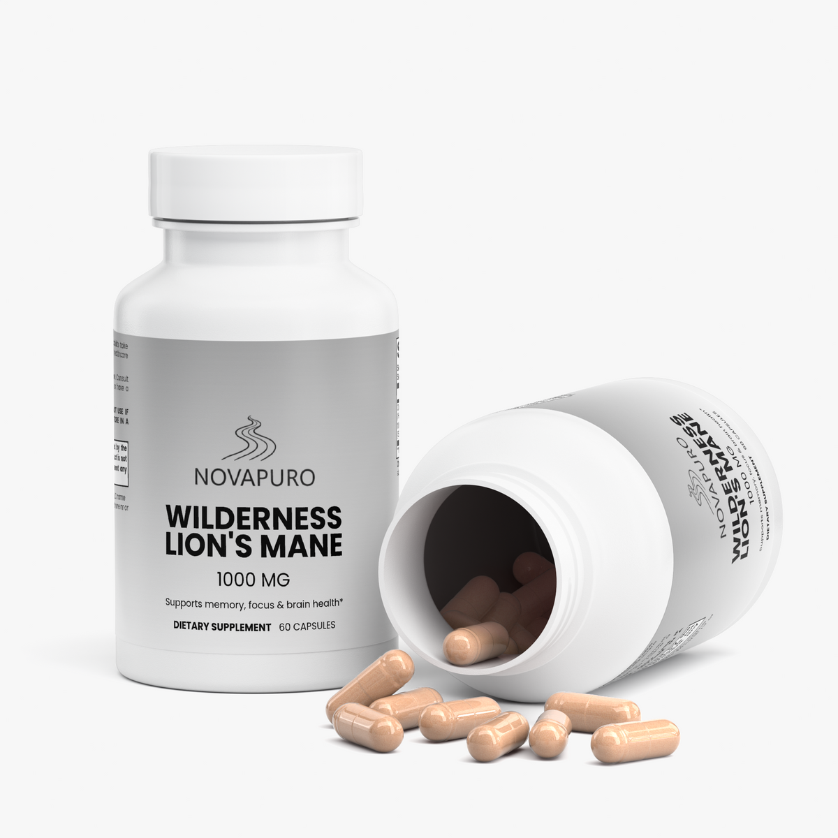 Clean, Nordic-inspired grey packaging of Novapuro organic Lion's Mane mushroom capsules for mental clarity.