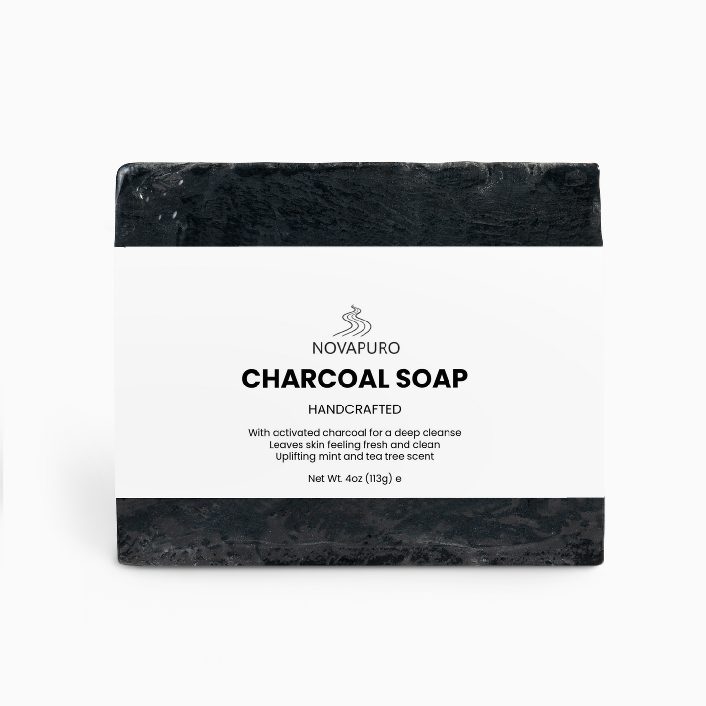 Novapuro Nordic Wilderness purifying charcoal soap in clean minimalist packaging. Natural deep cleansing skincare.