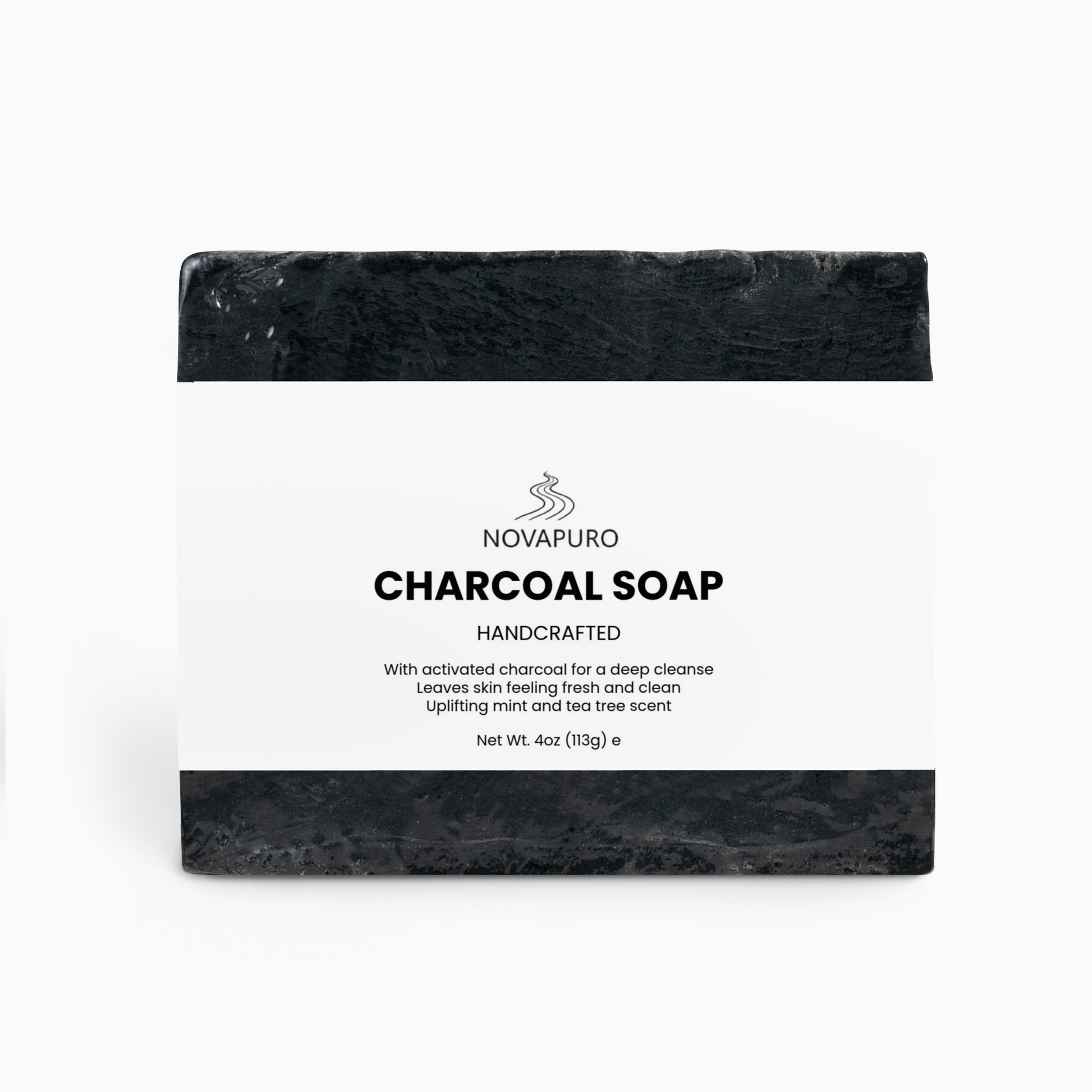 Novapuro Nordic Wilderness purifying charcoal soap in clean minimalist packaging. Natural deep cleansing skincare.